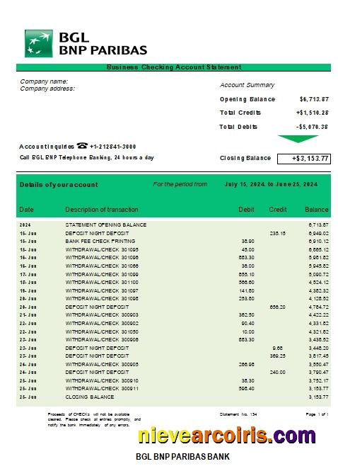 BGL BNP Paribas business checking account statement scr